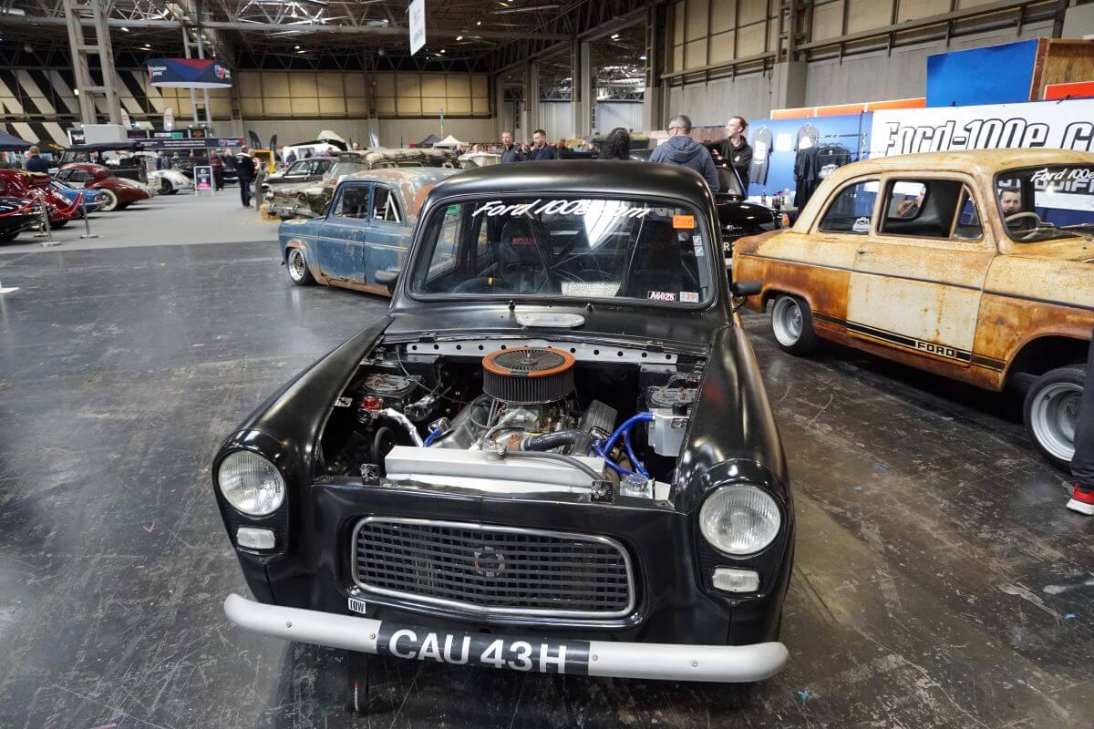 black ford after restoration with bonnet removed